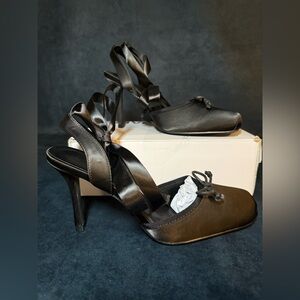 Satin Ballet Heels Closed Square Toe Bow Ballerina Heels